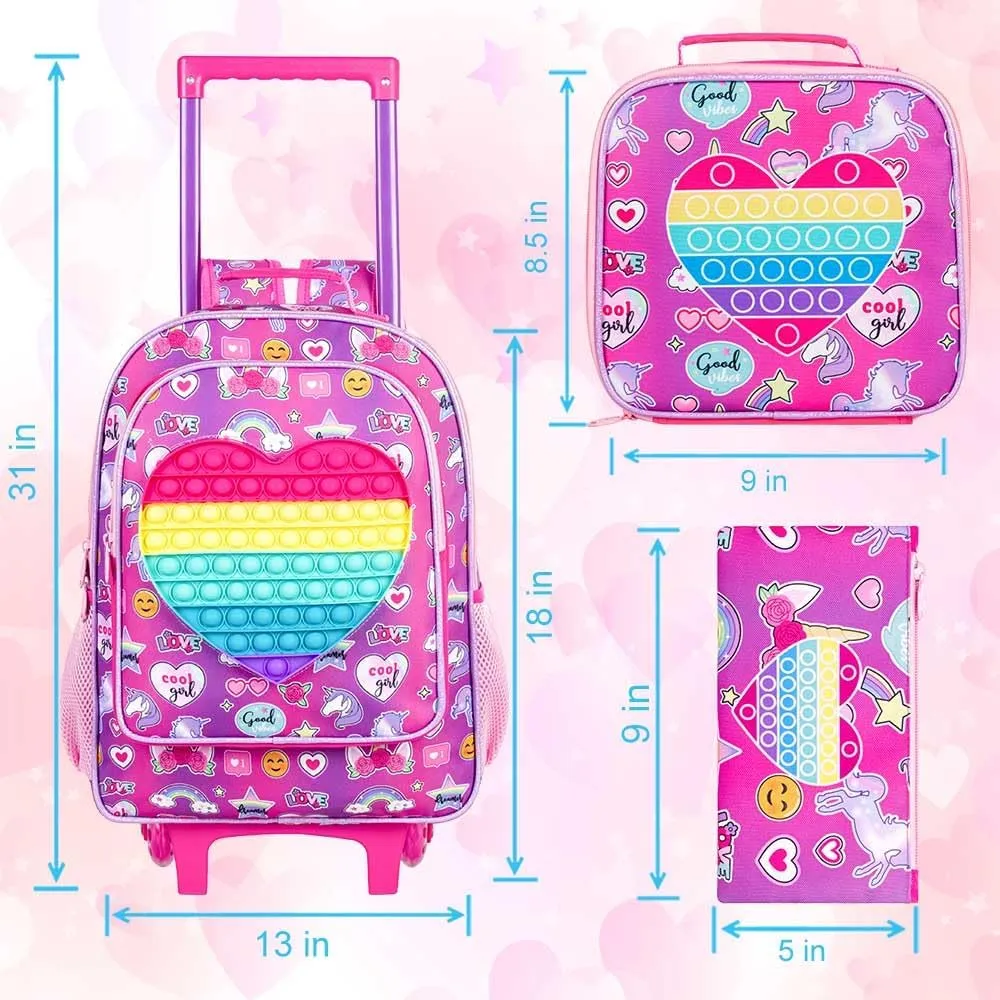 CCJPX 3PCS Kids Rolling Backpack for Girls, Unicorn Roller Wheeled Bookbag Toddler Elementary School Bag with Wheels Purple
