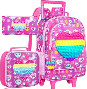 CCJPX 3PCS Kids Rolling Backpack for Girls, Unicorn Roller Wheeled Bookbag Toddler Elementary School Bag with Wheels Purple