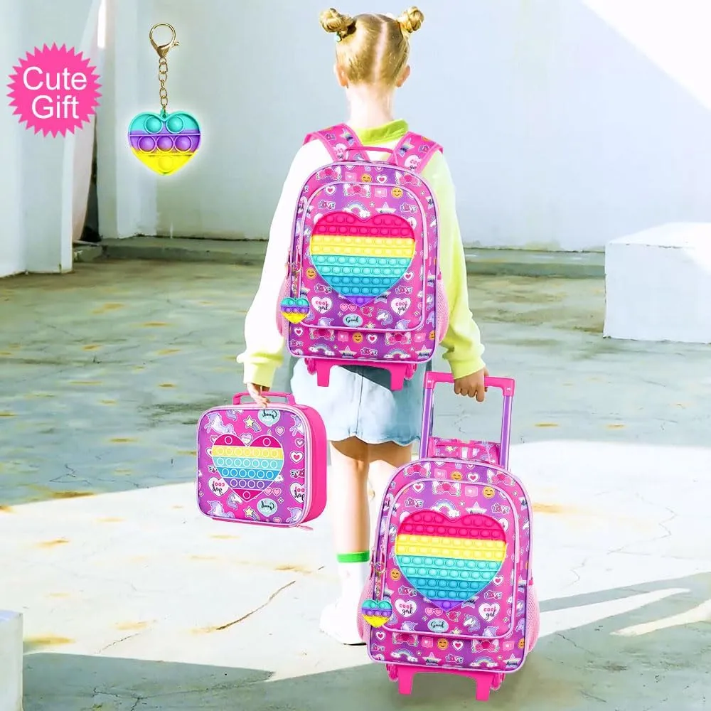 CCJPX 3PCS Kids Rolling Backpack for Girls, Unicorn Roller Wheeled Bookbag Toddler Elementary School Bag with Wheels Purple