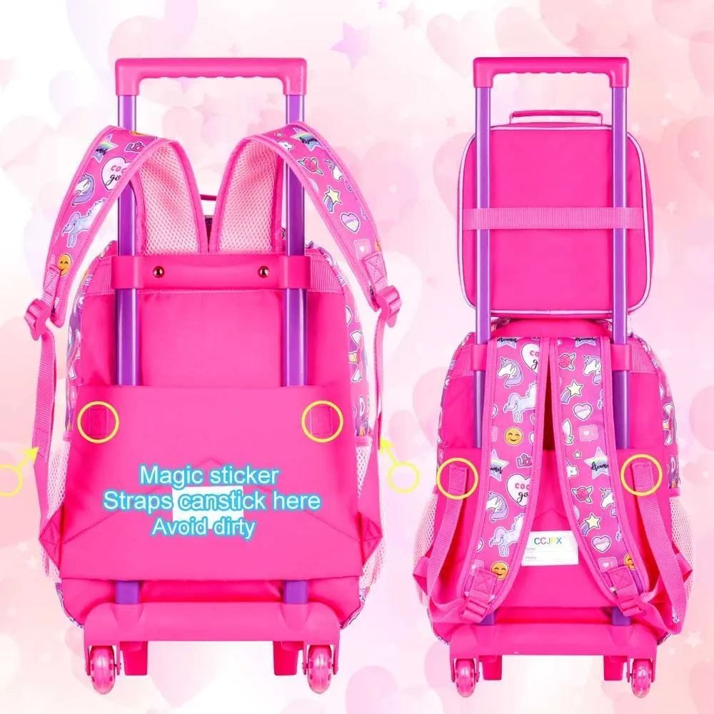 CCJPX 3PCS Kids Rolling Backpack for Girls, Unicorn Roller Wheeled Bookbag Toddler Elementary School Bag with Wheels Purple