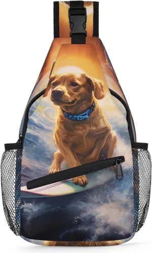 cfpolar Dog Surfing Outer Space Sling Bag for Women Men, Lightweight Crossbody Sling Backpack Shoulder Pack Multipurpose Chest Bag for Travel Hiking Gym Cycling