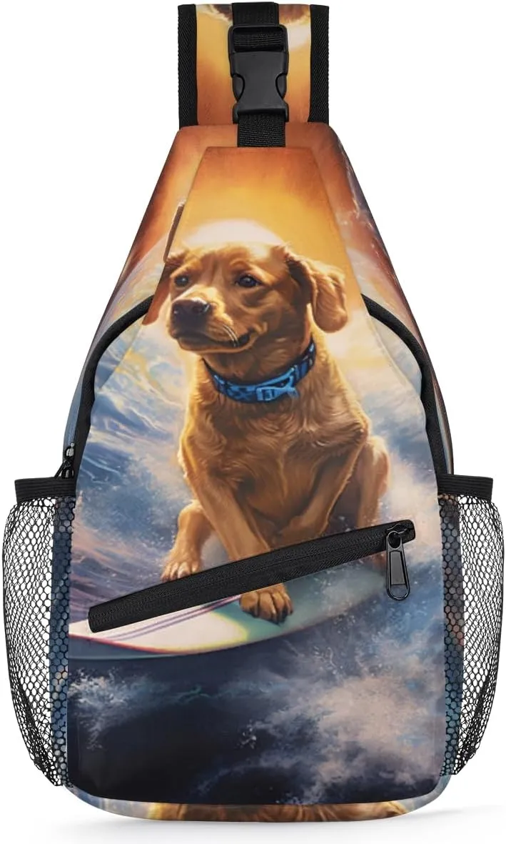 cfpolar Dog Surfing Outer Space Sling Bag for Women Men, Lightweight Crossbody Sling Backpack Shoulder Pack Multipurpose Chest Bag for Travel Hiking Gym Cycling