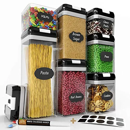 Chef's Path Airtight Food Storage Containers Set - 7 PC Set - Labels - For Kitchen Pantry Organization and Storage - BPA-Free - Clear Plastic Canisters for Flour, Cereal with Improved Lids