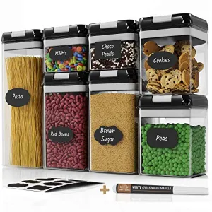 Chef's Path Airtight Food Storage Containers Set - 7 PC Set - Labels - For Kitchen Pantry Organization and Storage - BPA-Free - Clear Plastic Canisters for Flour, Cereal with Improved Lids