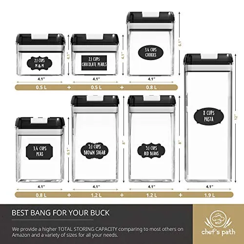 Chef's Path Airtight Food Storage Containers Set - 7 PC Set - Labels - For Kitchen Pantry Organization and Storage - BPA-Free - Clear Plastic Canisters for Flour, Cereal with Improved Lids