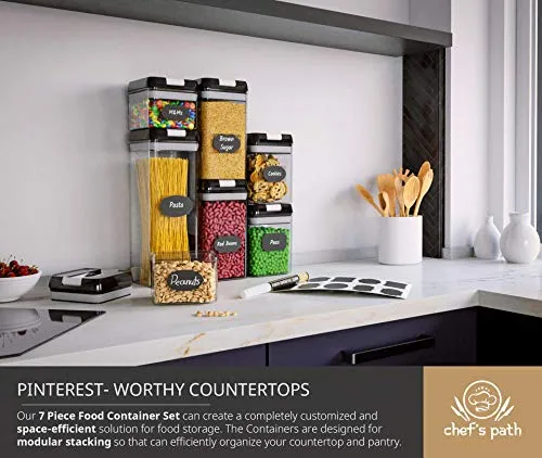 Chef's Path Airtight Food Storage Containers Set - 7 PC Set - Labels - For Kitchen Pantry Organization and Storage - BPA-Free - Clear Plastic Canisters for Flour, Cereal with Improved Lids