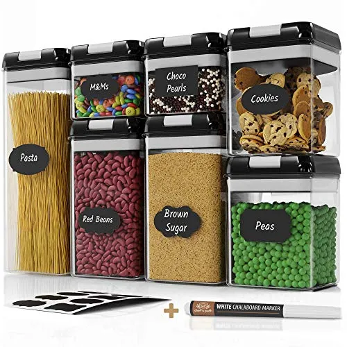 Chef's Path Airtight Food Storage Containers Set - 7 PC Set - Labels - For Kitchen Pantry Organization and Storage - BPA-Free - Clear Plastic Canisters for Flour, Cereal with Improved Lids