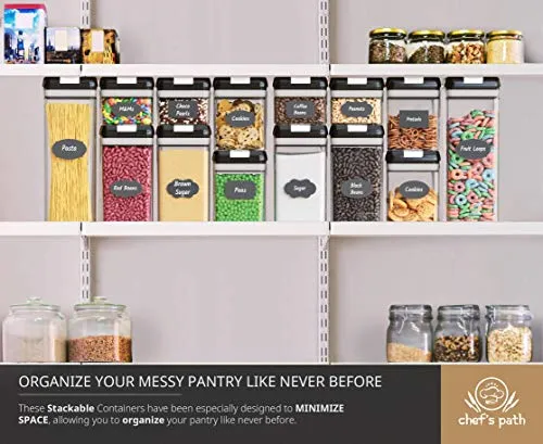 Chef's Path Airtight Food Storage Containers Set - 7 PC Set - Labels - For Kitchen Pantry Organization and Storage - BPA-Free - Clear Plastic Canisters for Flour, Cereal with Improved Lids