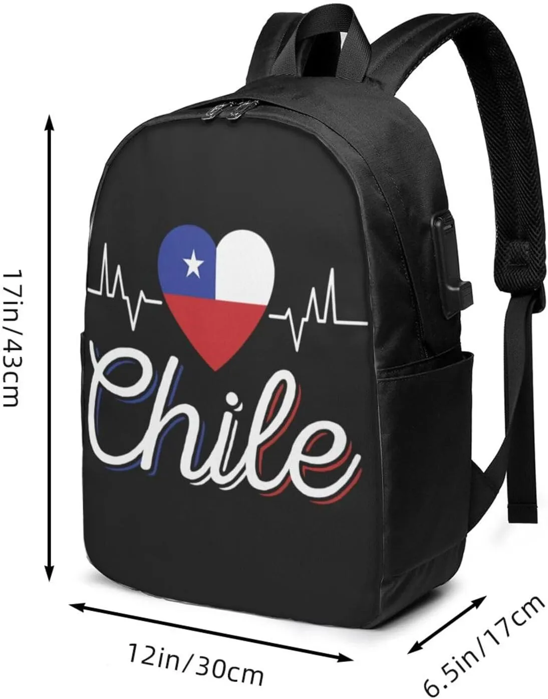 Chile Chilean Flag Hearts Beats Laptop Backpacks Travel Backpack Casual Business Daypack Sport Rucksack Computer Bag Fits up to 17 Inch Notebook with USB Port