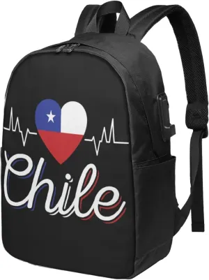 Chile Chilean Flag Hearts Beats Laptop Backpacks Travel Backpack Casual Business Daypack Sport Rucksack Computer Bag Fits up to 17 Inch Notebook with USB Port