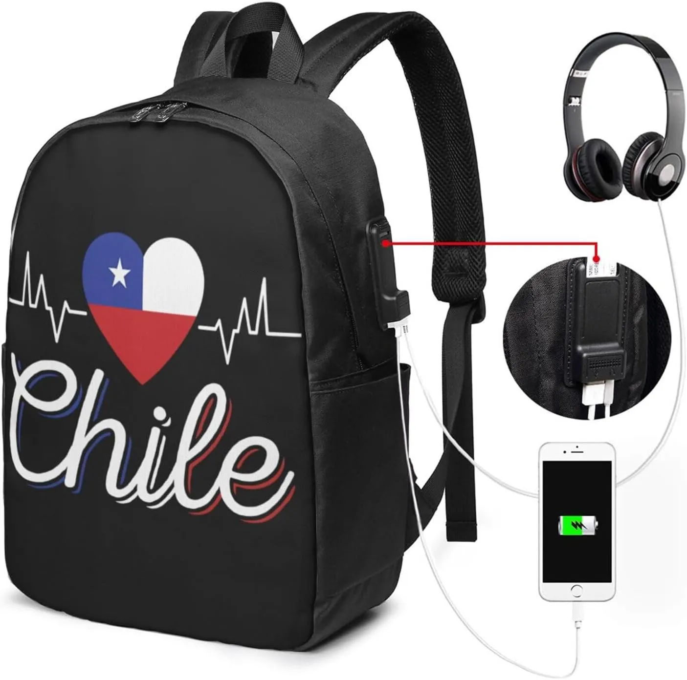 Chile Chilean Flag Hearts Beats Laptop Backpacks Travel Backpack Casual Business Daypack Sport Rucksack Computer Bag Fits up to 17 Inch Notebook with USB Port