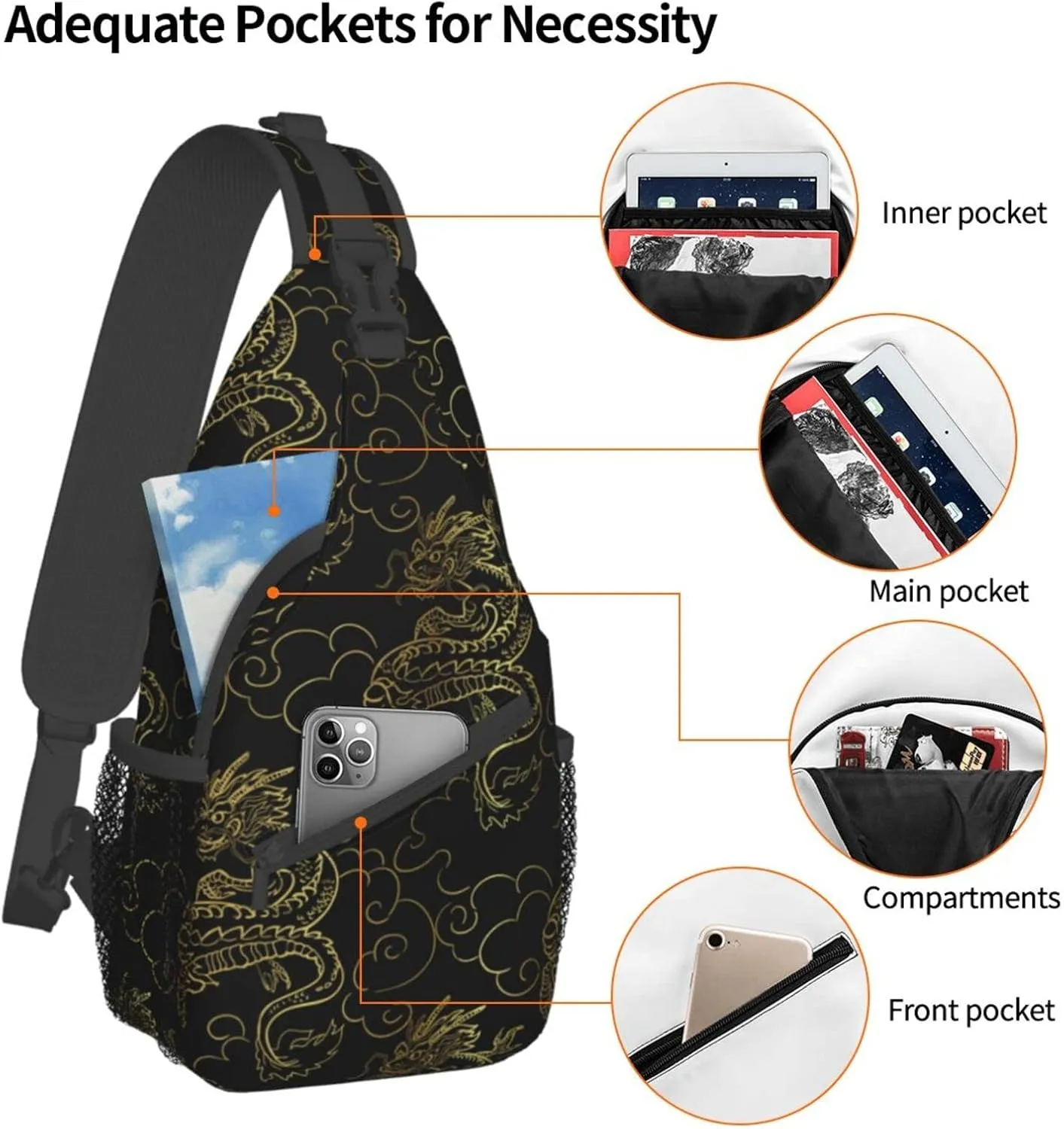 Chinese Japanese Dragon Sling Bag Sling Backpack Crossbody Chest Bag Daypack for Women Men Hiking Travel