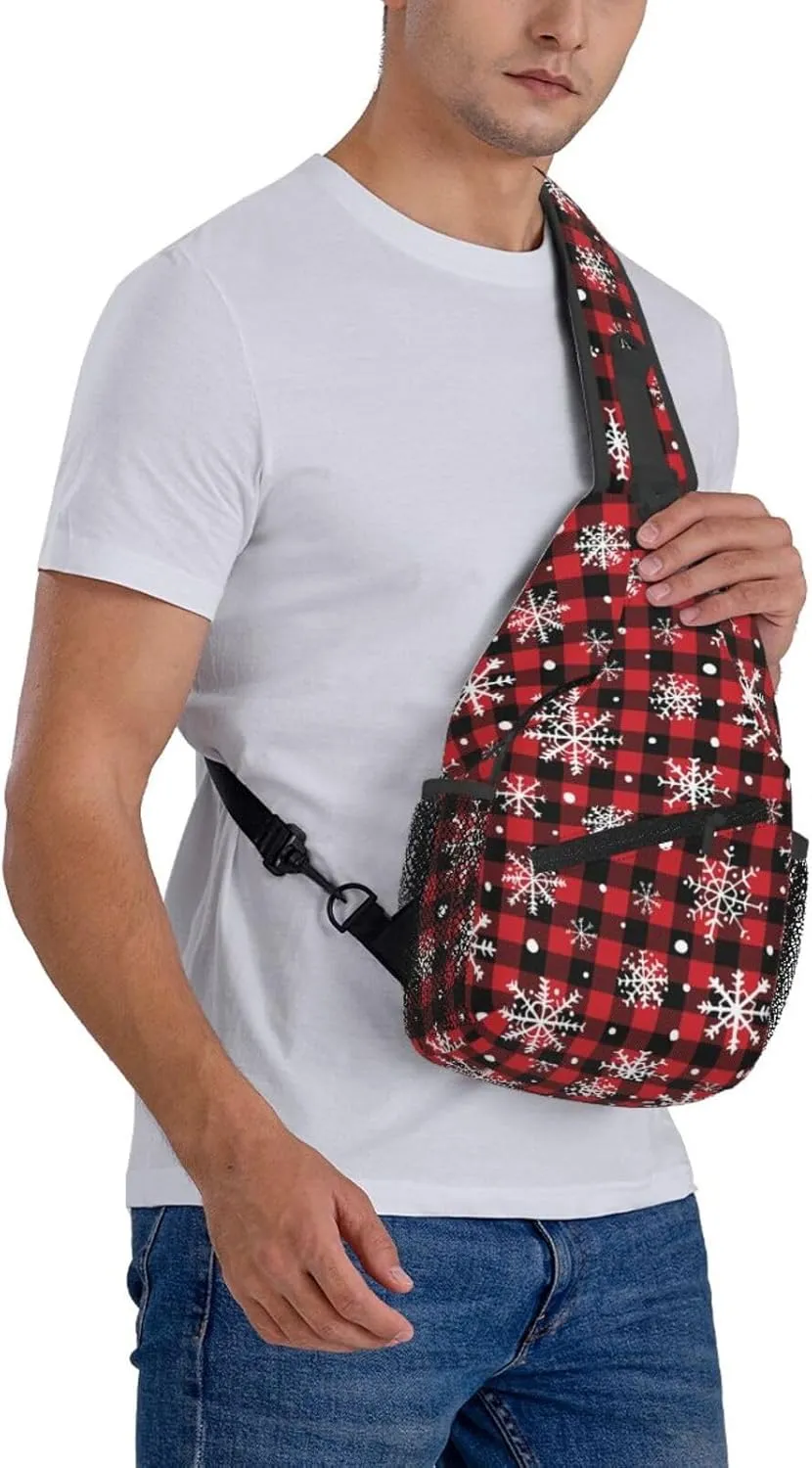 Christmas Buffalo Plaid With Snowflake Crossbody Sling Bag For Women Men Adjustable Christmas New Year Chest Bag Shoulder Bag Sling Backpack Daypack For Sport Travel Hiking