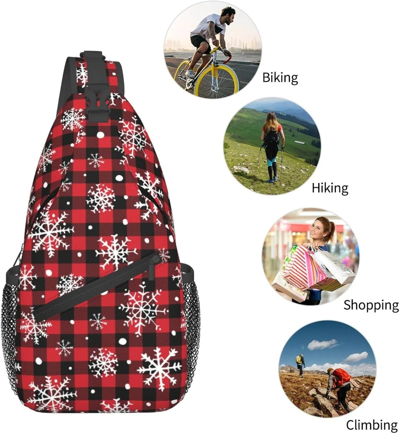 Christmas Buffalo Plaid With Snowflake Crossbody Sling Bag For Women Men Adjustable Christmas New Year Chest Bag Shoulder Bag Sling Backpack Daypack For Sport Travel Hiking