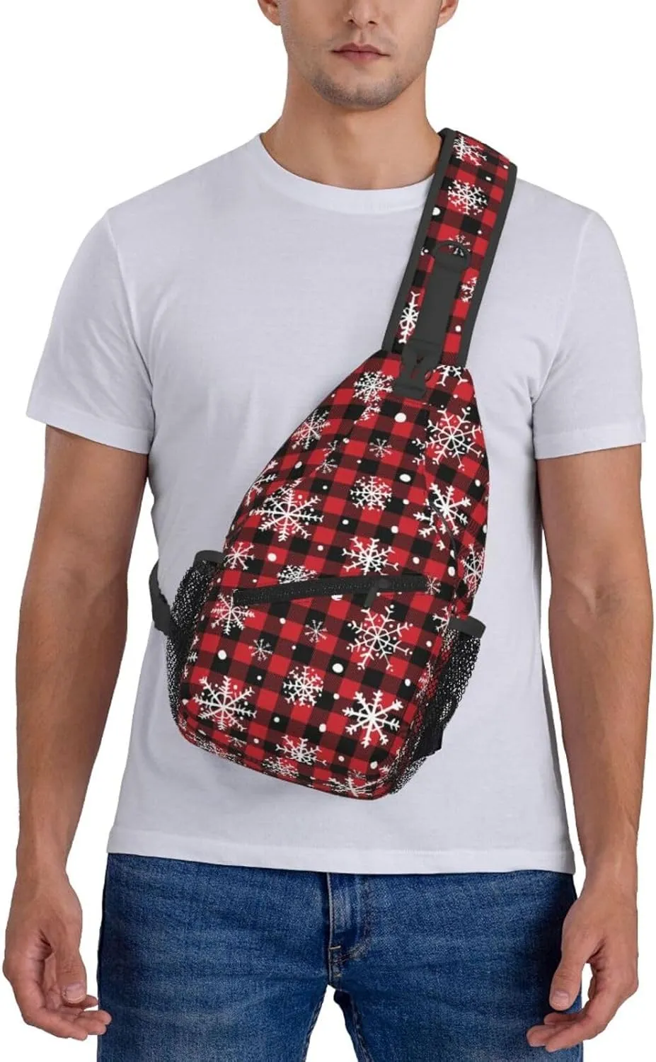Christmas Buffalo Plaid With Snowflake Crossbody Sling Bag For Women Men Adjustable Christmas New Year Chest Bag Shoulder Bag Sling Backpack Daypack For Sport Travel Hiking