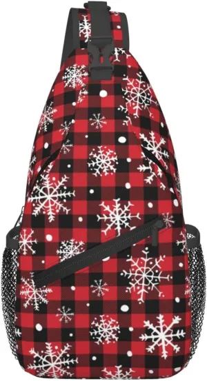 Christmas Buffalo Plaid With Snowflake Crossbody Sling Bag For Women Men Adjustable Christmas New Year Chest Bag Shoulder Bag Sling Backpack Daypack For Sport Travel Hiking