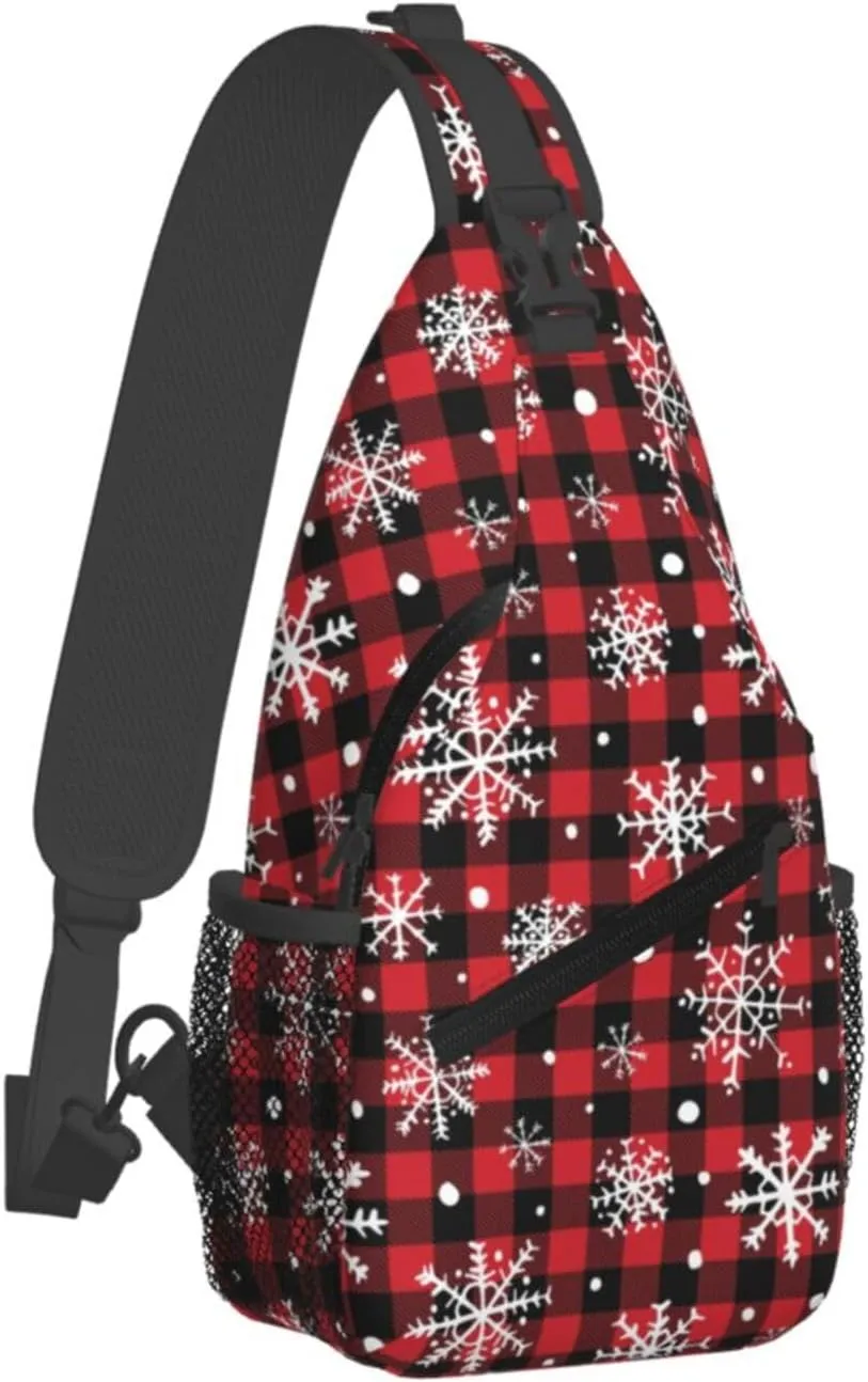 Christmas Buffalo Plaid With Snowflake Crossbody Sling Bag For Women Men Adjustable Christmas New Year Chest Bag Shoulder Bag Sling Backpack Daypack For Sport Travel Hiking