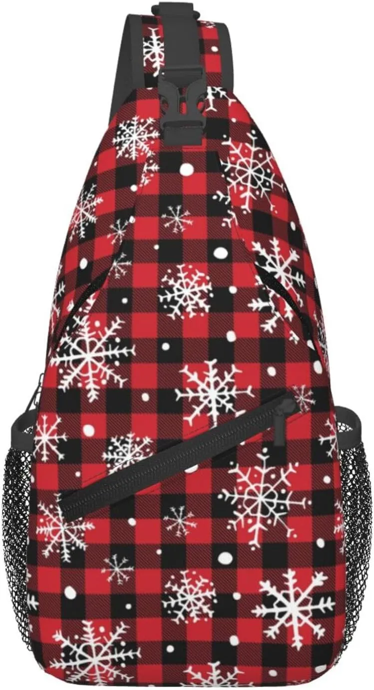 Christmas Buffalo Plaid With Snowflake Crossbody Sling Bag For Women Men Adjustable Christmas New Year Chest Bag Shoulder Bag Sling Backpack Daypack For Sport Travel Hiking
