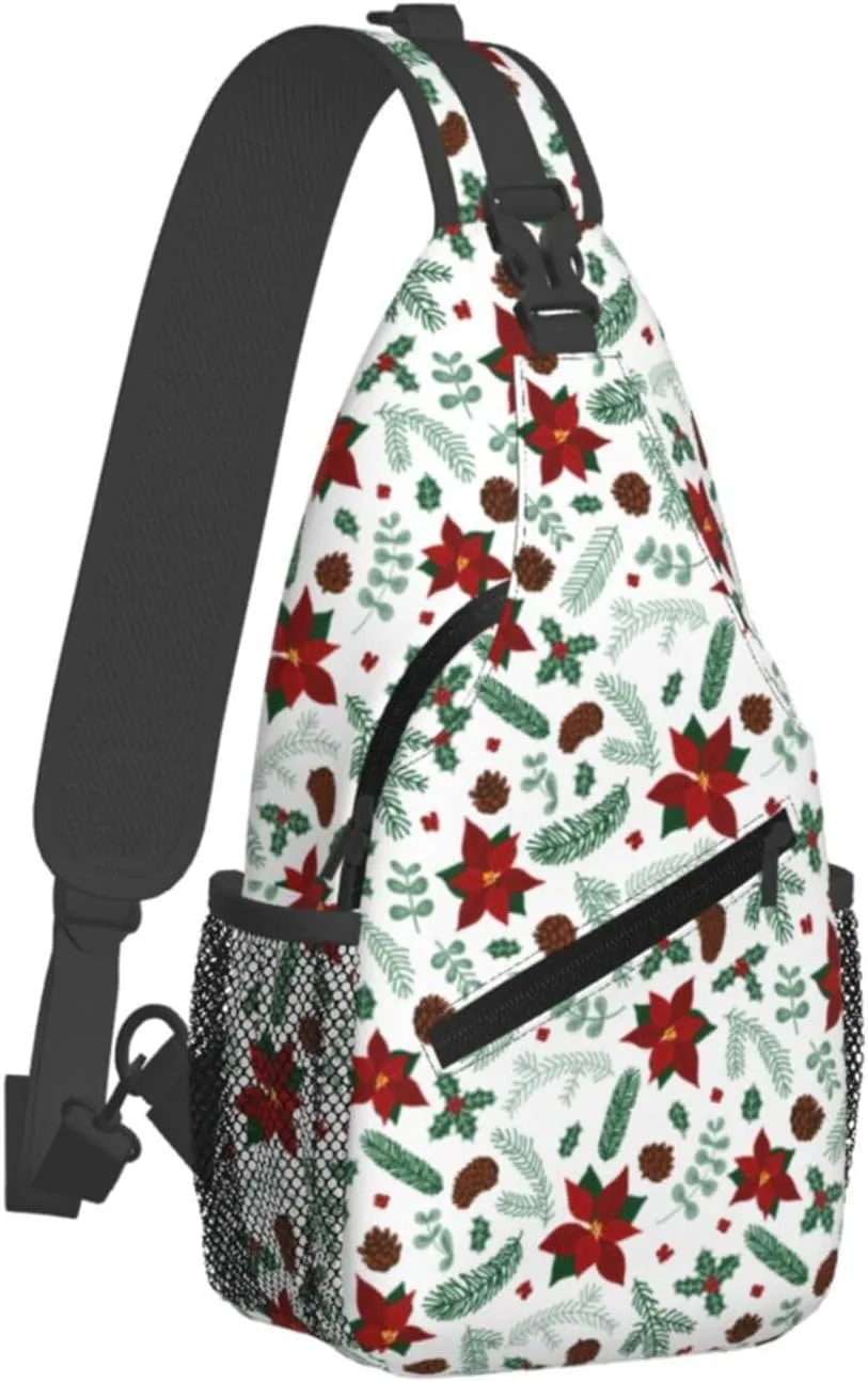 Christmas Crossbody Sling Bag For Women & Men - Adjustable Flowers Berries Chest Shoulder Sling Backpack Merry Xmas Daypack - Christmas Gifts