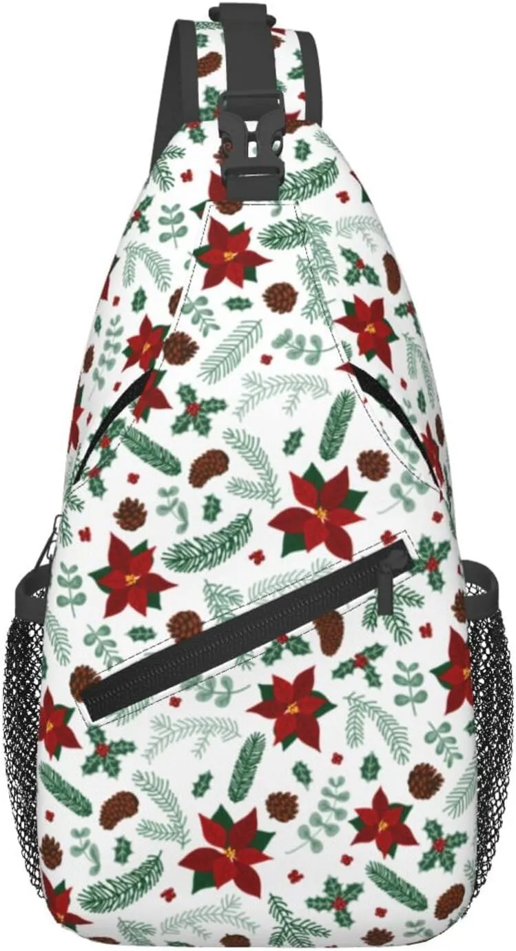 Christmas Crossbody Sling Bag For Women & Men - Adjustable Flowers Berries Chest Shoulder Sling Backpack Merry Xmas Daypack - Christmas Gifts