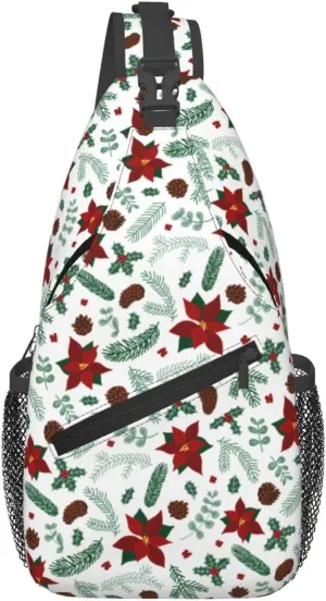 Christmas Crossbody Sling Bag For Women & Men - Adjustable Flowers Berries Chest Shoulder Sling Backpack Merry Xmas Daypack - Christmas Gifts