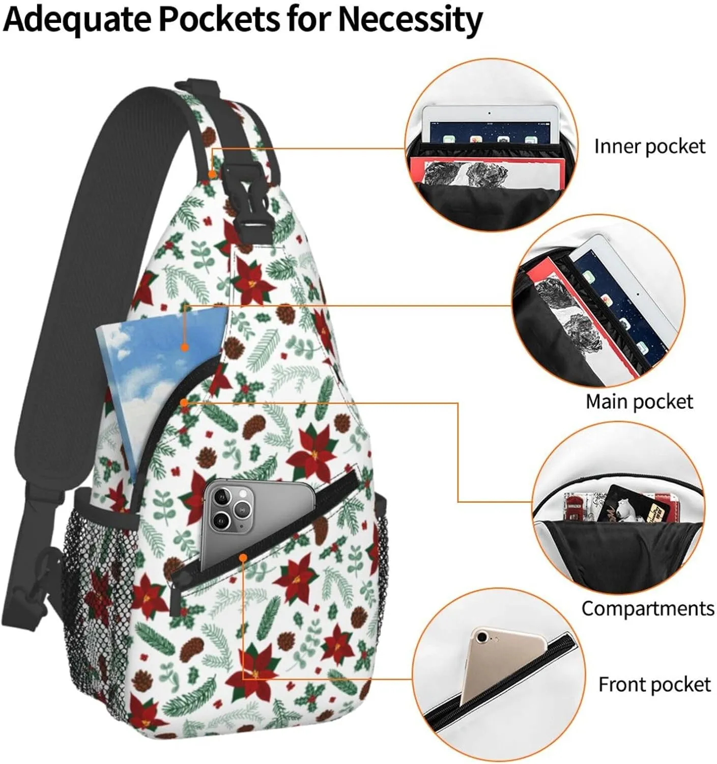 Christmas Crossbody Sling Bag For Women & Men - Adjustable Flowers Berries Chest Shoulder Sling Backpack Merry Xmas Daypack - Christmas Gifts