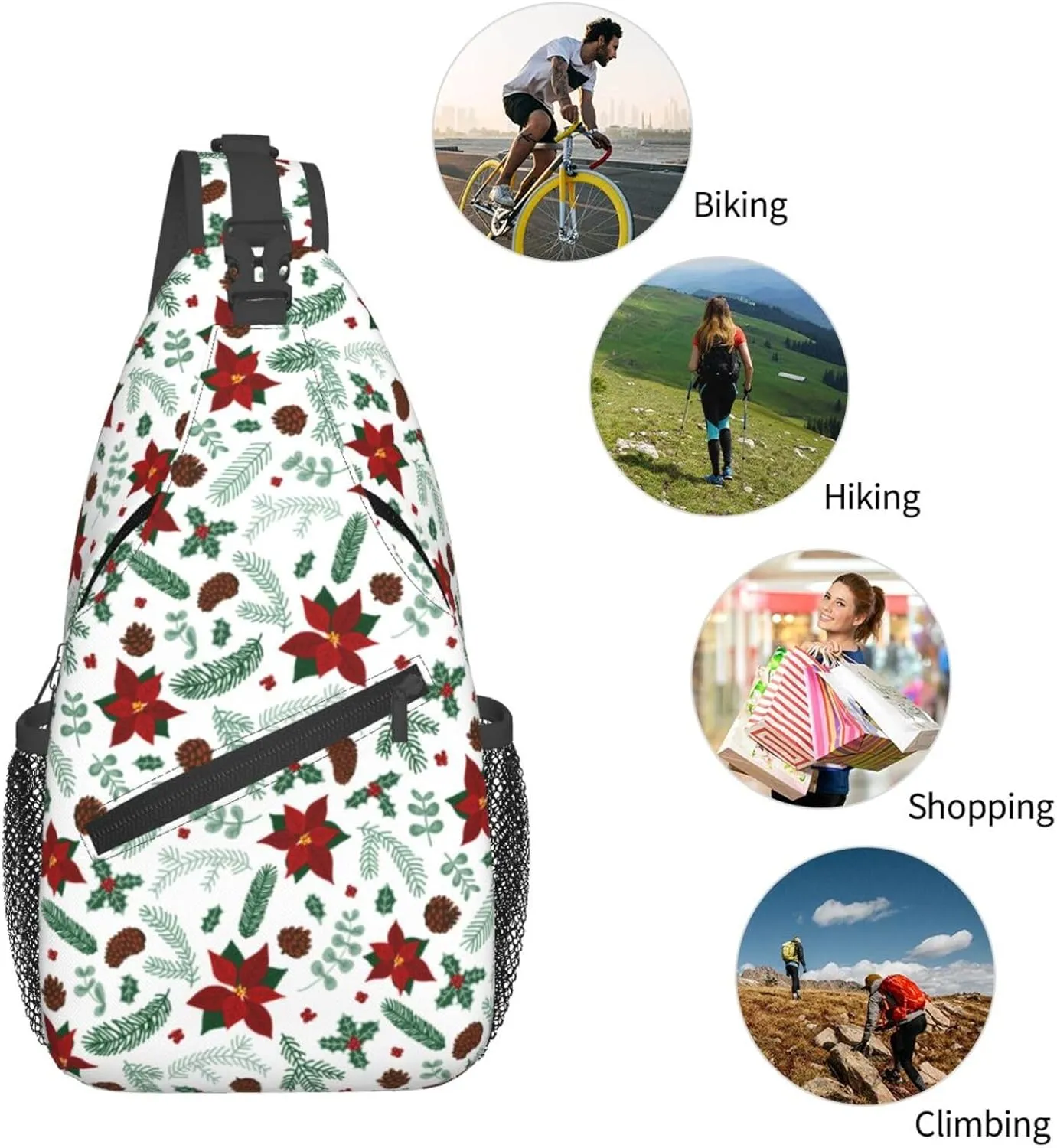 Christmas Crossbody Sling Bag For Women & Men - Adjustable Flowers Berries Chest Shoulder Sling Backpack Merry Xmas Daypack - Christmas Gifts