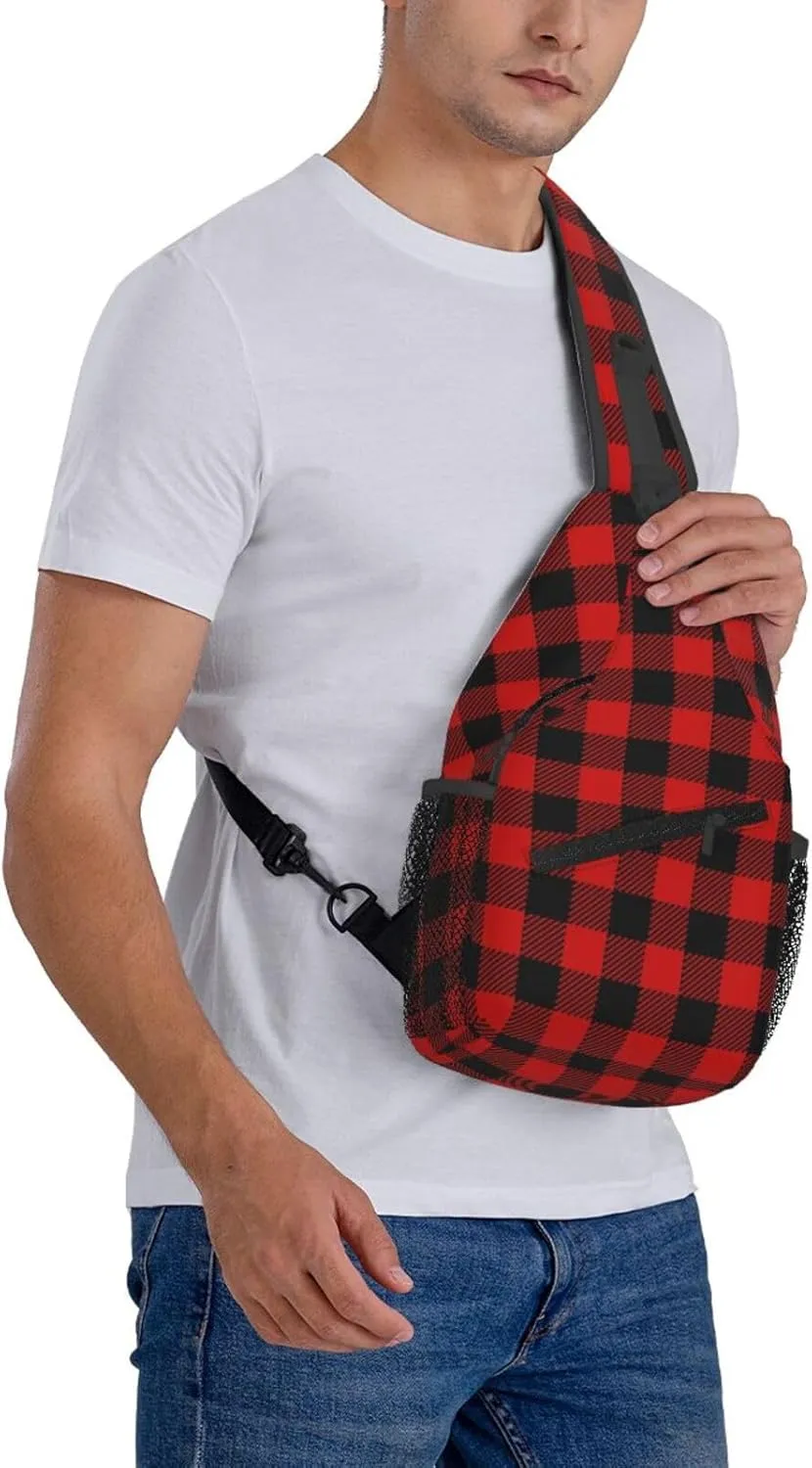 Christmas Crossbody Sling Bag For Women Men Adjustable Buffalo Plaid Chest Bag Shoulder Bag Sling Backpack Merry Xmas Daypack Christmas Gifts