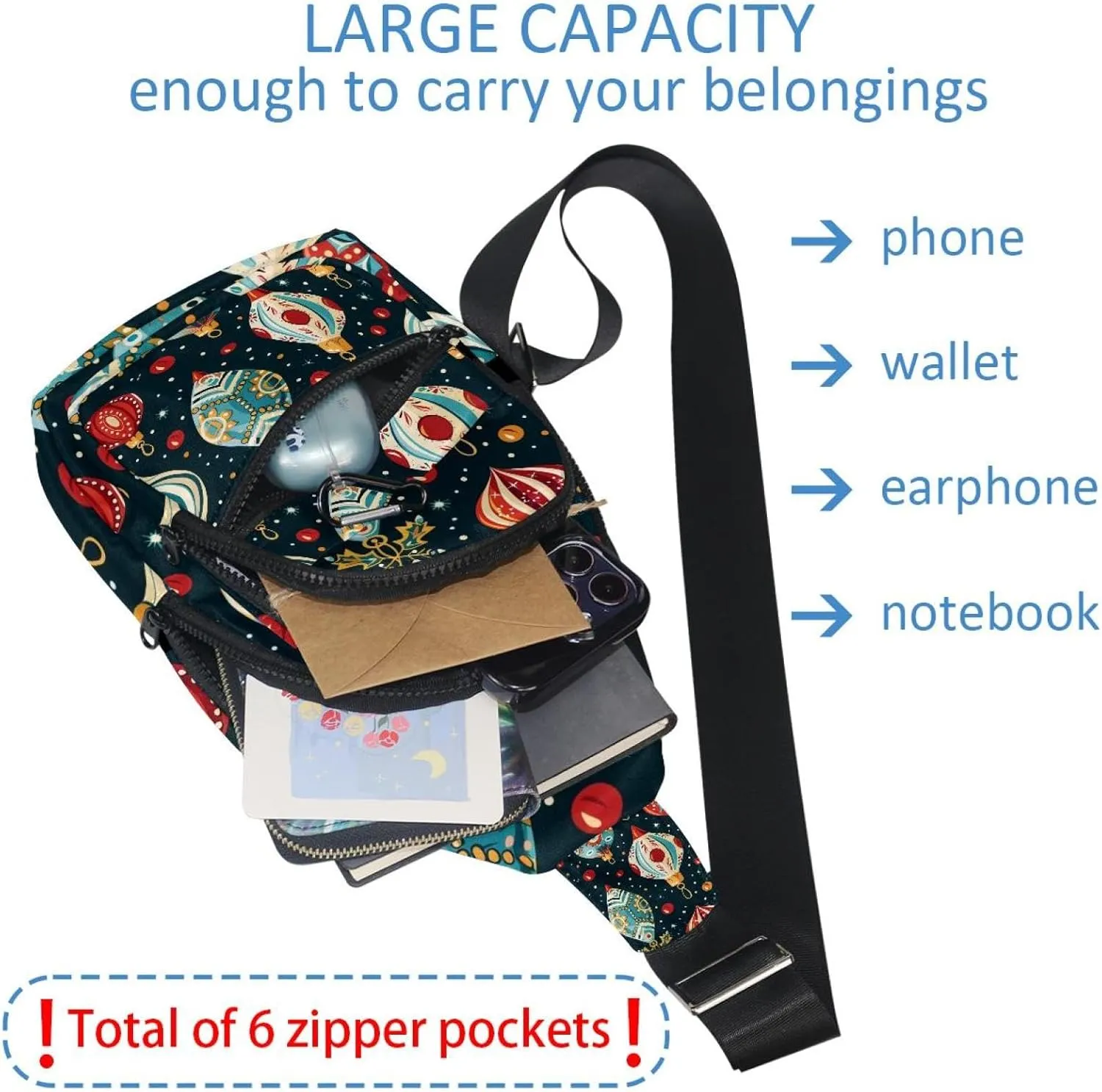 Christmas Ornament Crossbody Bag with Adjustable Shoulder Strap, Shoulder Bag for Men and Women Sling Backpack for Travel, Cycling, Work, Sport
