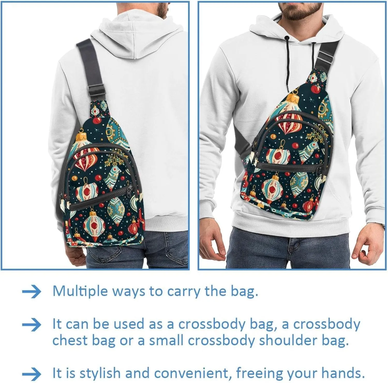 Christmas Ornament Crossbody Bag with Adjustable Shoulder Strap, Shoulder Bag for Men and Women Sling Backpack for Travel, Cycling, Work, Sport