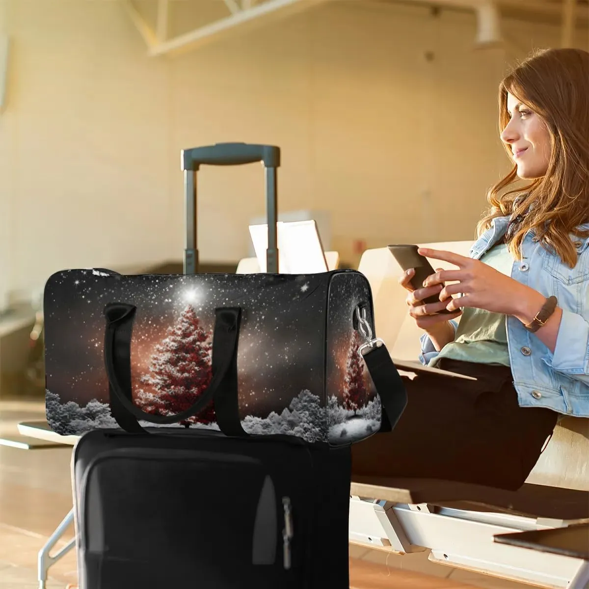 Christmas Pine Tree Travel Duffel Bag for Women Men Waterproof Foldable Overnight Weekender Bag Large Capacity Sports Gym Bag