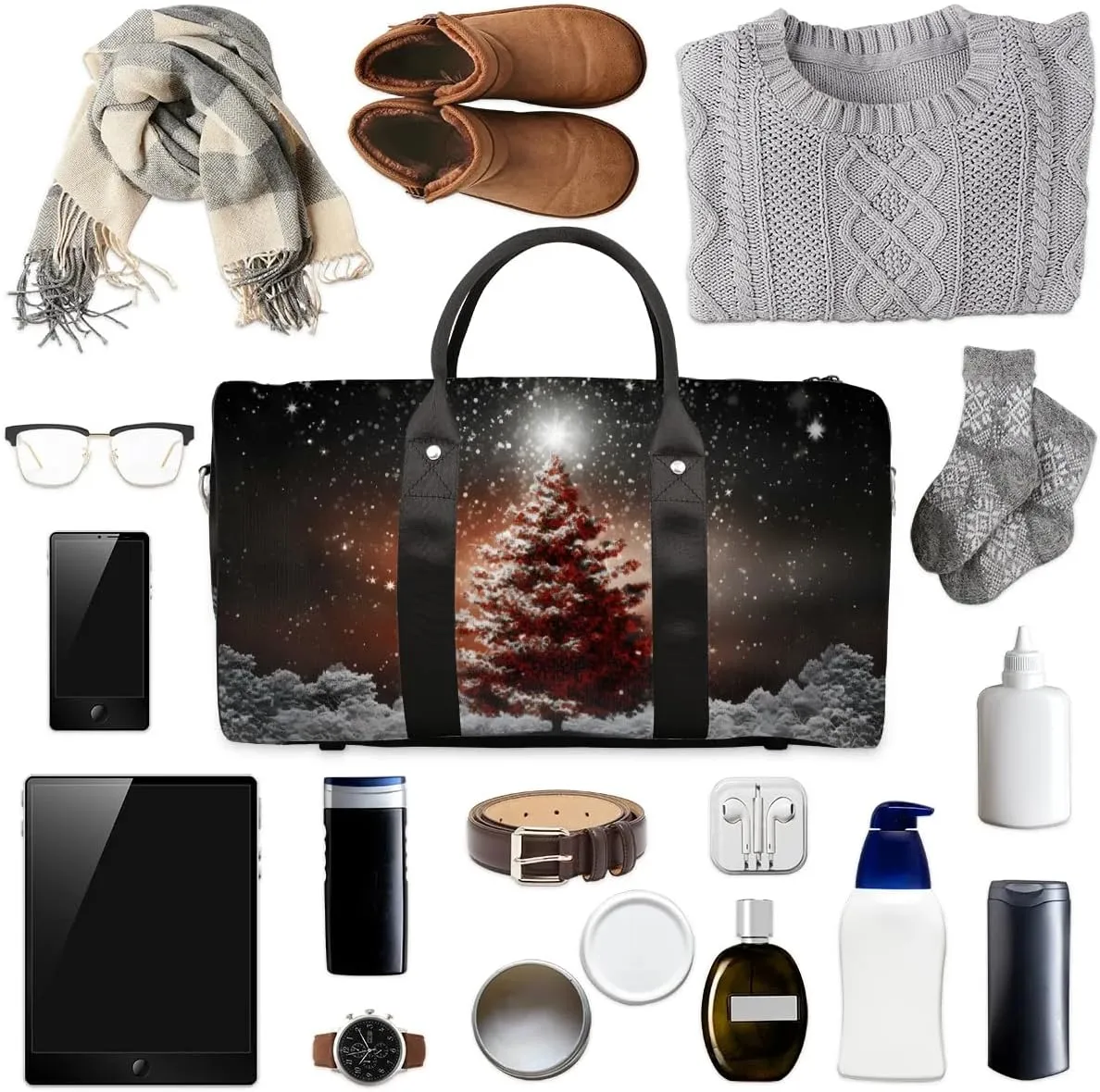 Christmas Pine Tree Travel Duffel Bag for Women Men Waterproof Foldable Overnight Weekender Bag Large Capacity Sports Gym Bag