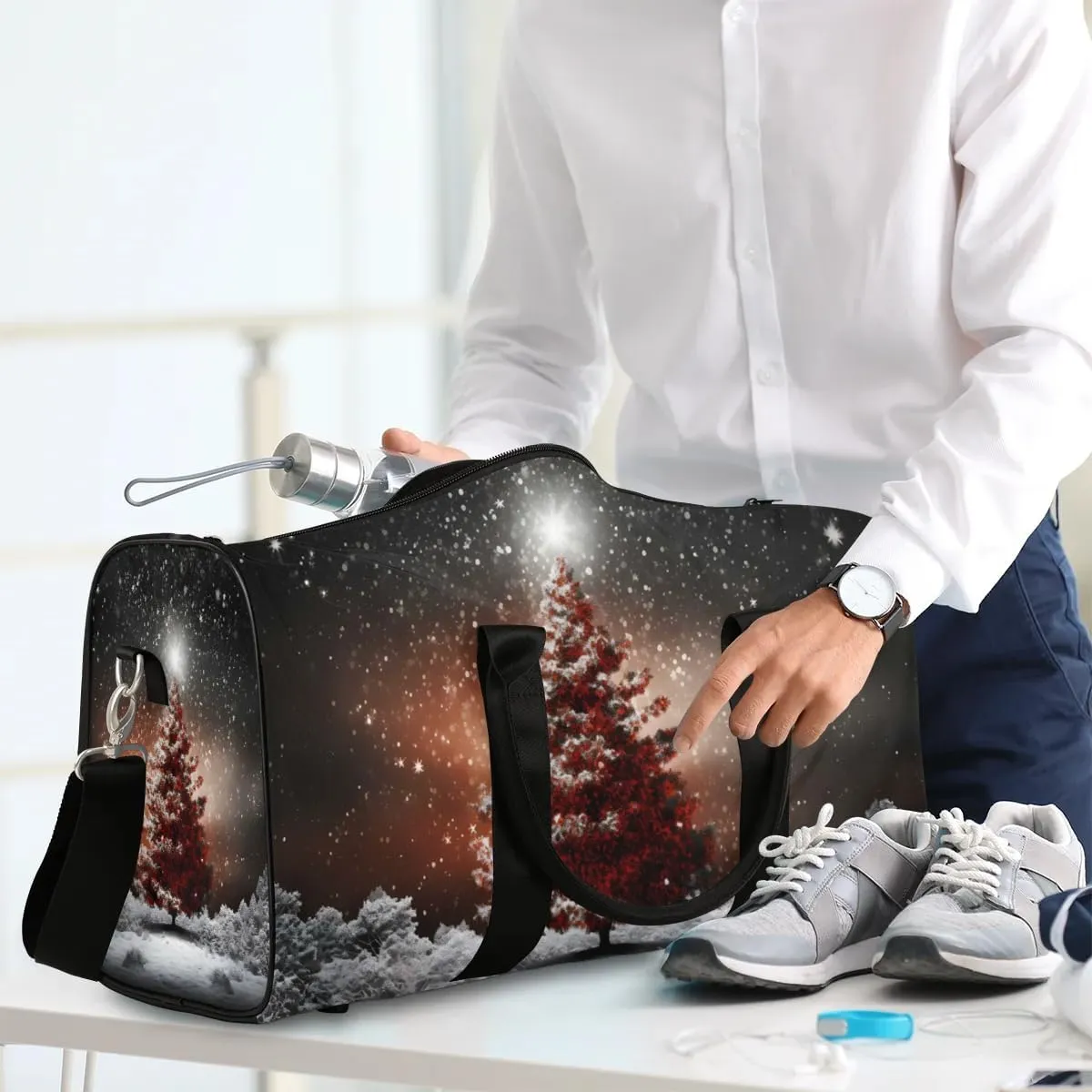 Christmas Pine Tree Travel Duffel Bag for Women Men Waterproof Foldable Overnight Weekender Bag Large Capacity Sports Gym Bag