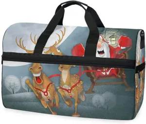 Christmas Santa Claus Sleigh Reindeer Duffel Bag for Travel, Large Sport Gym Bag with Shoe Compartment