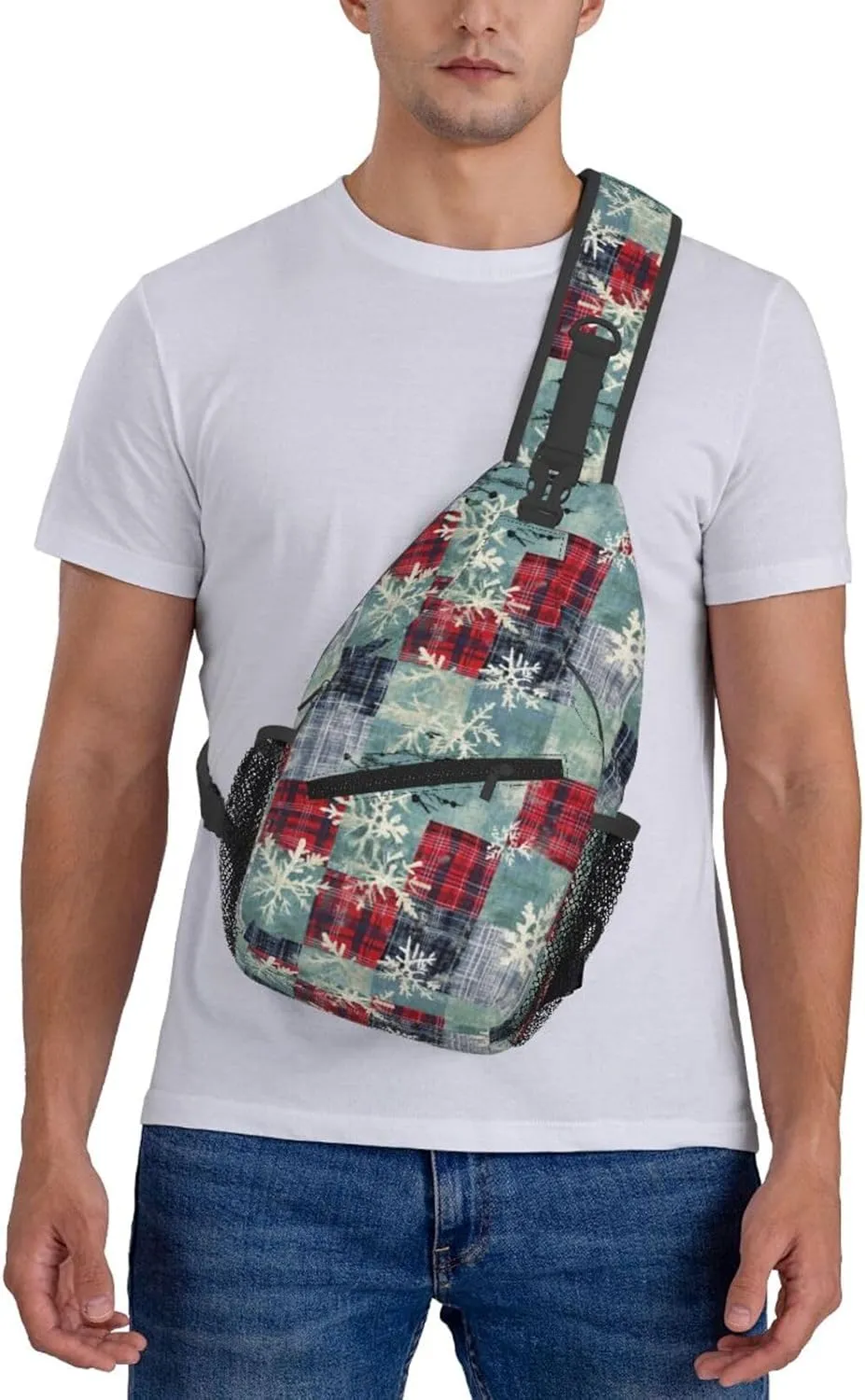Christmas Snowflake and Plaid Crossbody Sling Bag for Women Men - Adjustable Chest Shoulder Backpack Daypack for New Year, Sport, Travel, Hiking