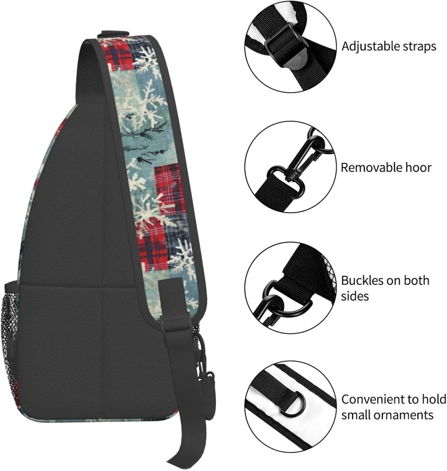 Christmas Snowflake and Plaid Crossbody Sling Bag for Women Men - Adjustable Chest Shoulder Backpack Daypack for New Year, Sport, Travel, Hiking
