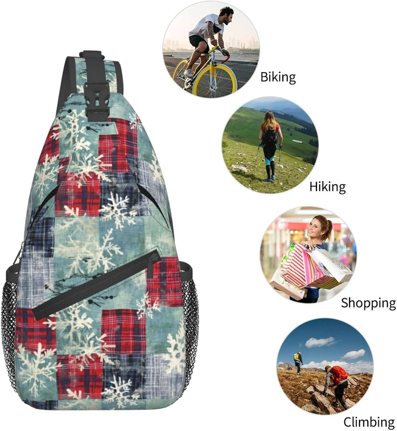 Christmas Snowflake and Plaid Crossbody Sling Bag for Women Men - Adjustable Chest Shoulder Backpack Daypack for New Year, Sport, Travel, Hiking
