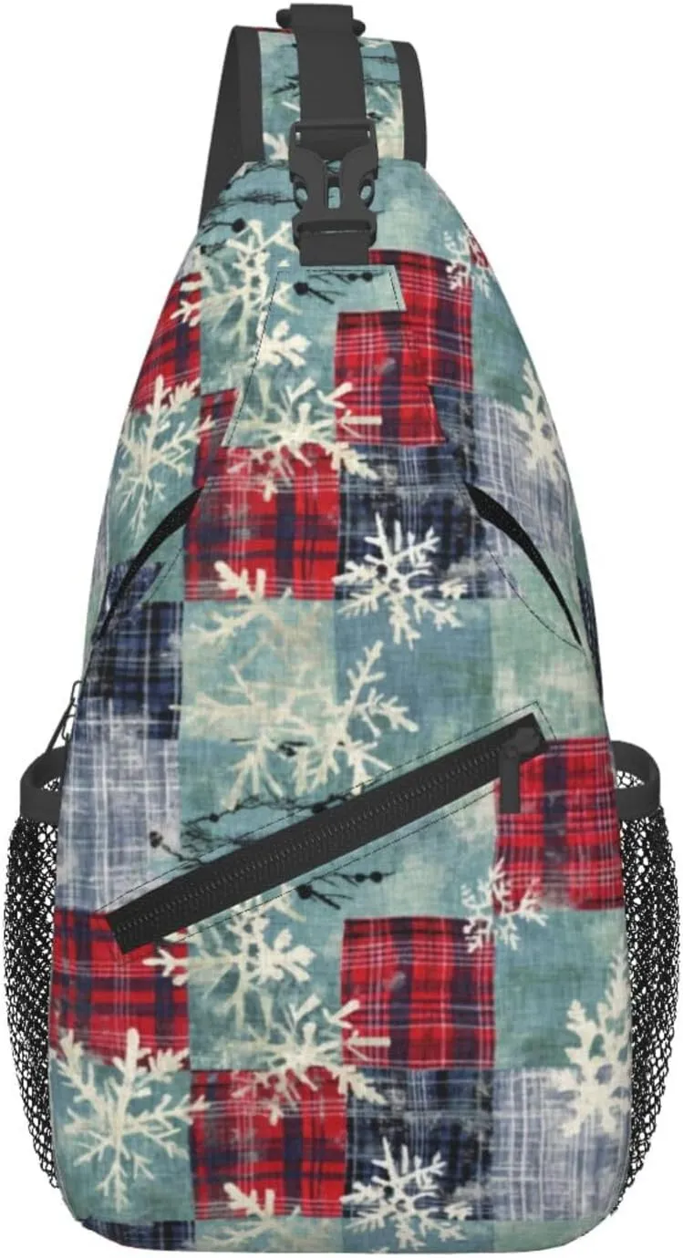 Christmas Snowflake and Plaid Crossbody Sling Bag for Women Men - Adjustable Chest Shoulder Backpack Daypack for New Year, Sport, Travel, Hiking