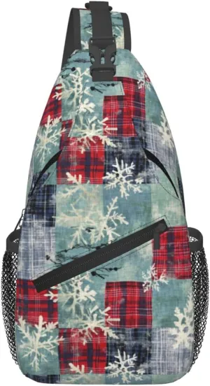 Christmas Snowflake and Plaid Crossbody Sling Bag for Women Men - Adjustable Chest Shoulder Backpack Daypack for New Year, Sport, Travel, Hiking