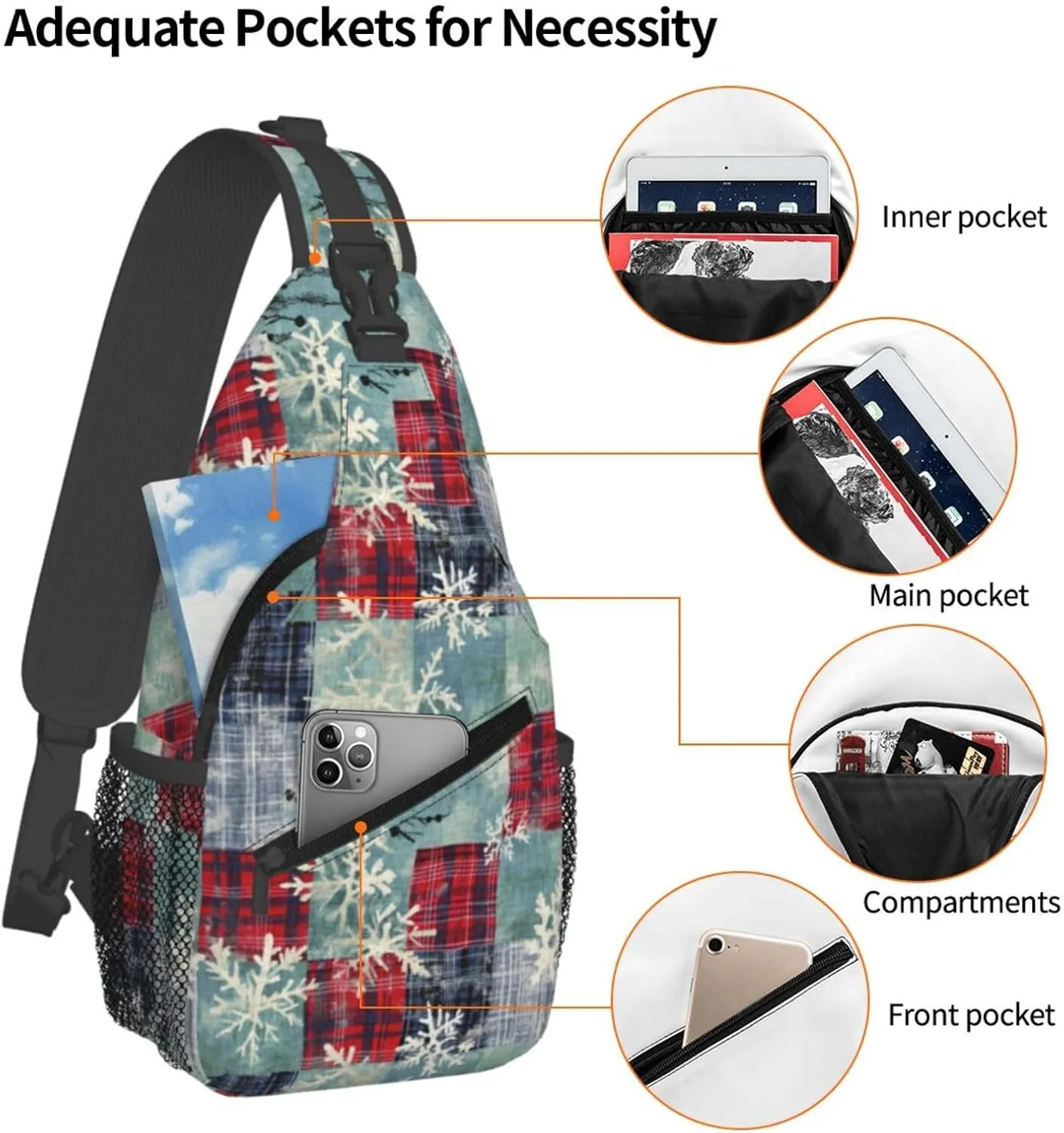 Christmas Snowflake and Plaid Crossbody Sling Bag for Women Men - Adjustable Chest Shoulder Backpack Daypack for New Year, Sport, Travel, Hiking