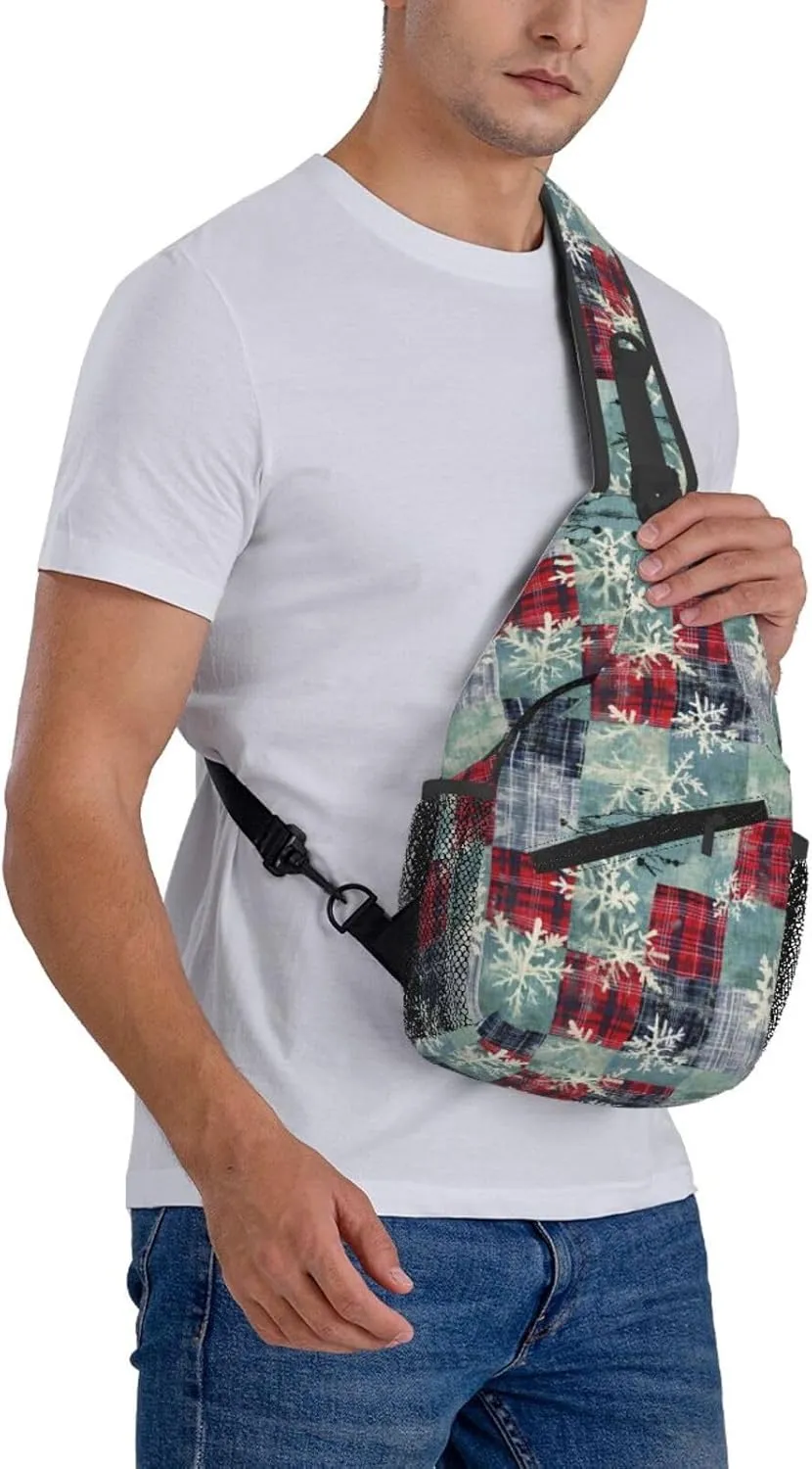 Christmas Snowflake and Plaid Crossbody Sling Bag for Women Men - Adjustable Chest Shoulder Backpack Daypack for New Year, Sport, Travel, Hiking