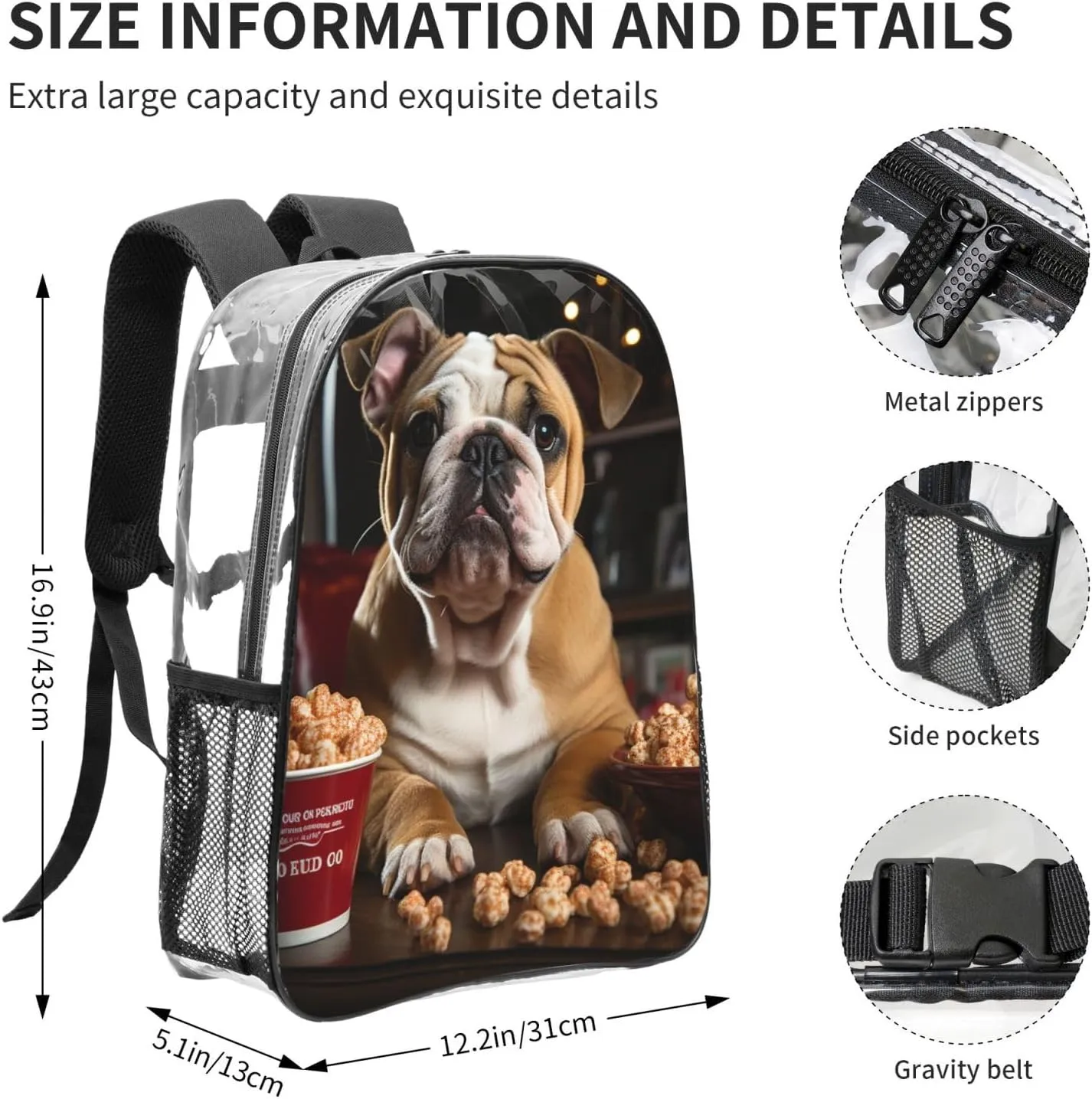 Clear Backpack Heavy Duty PVC Transparent Bookbag Bulldog Popcorn Backpack Daypack Laptop Backpack
