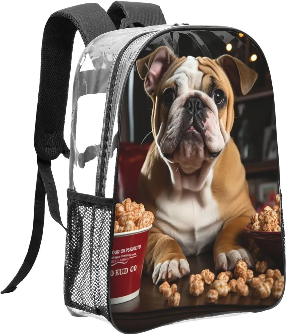 Clear Backpack Heavy Duty PVC Transparent Bookbag Bulldog Popcorn Backpack Daypack Laptop Backpack