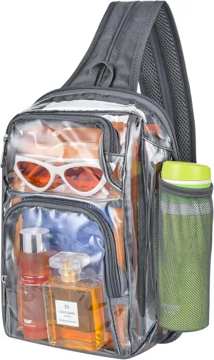 Clear Backpack Stadium Approved Sling Bag With Adjustable Reinforced Straps, 3 in 1 Crossbody Bag for Festivals and Games (Grey)