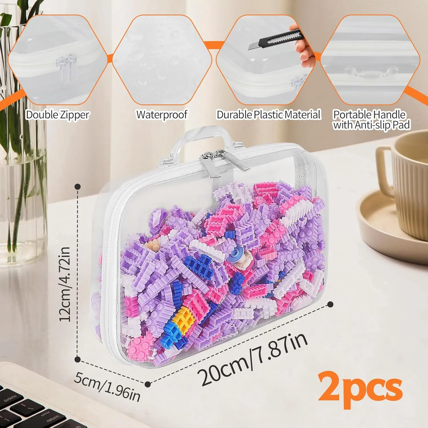 Clear Hard Zipper Case with Handle Hard-Sided Premium Storage Case Plastic Clear Hard Shell Zipper Pouch Portable Travel Organizer Box for Building Blocks Puzzles Cosmetic Makeup Pencil (2 Pcs)