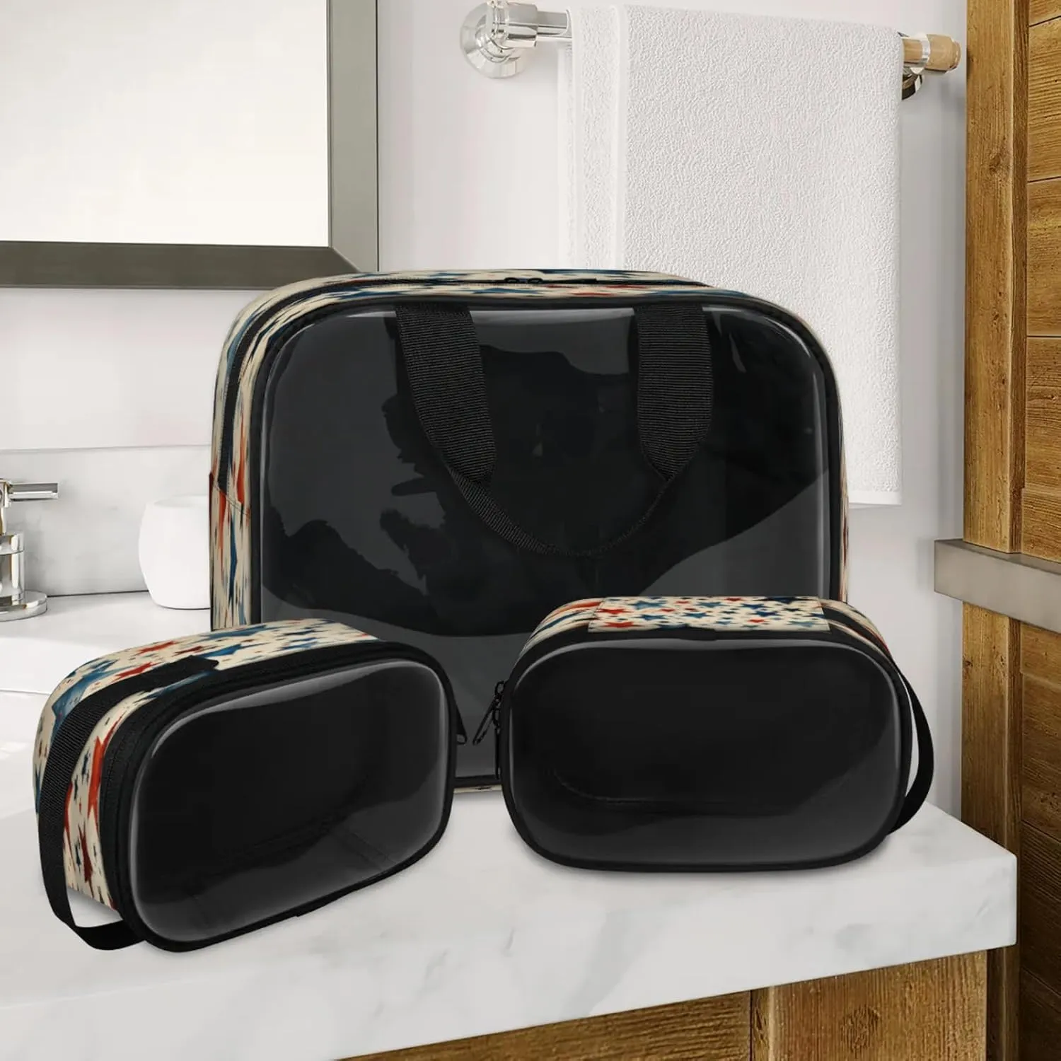 Clear Makeup Bag, 3 Pcs of Translucent Cosmetic Bags Set, Transparent 4th of July Travel Makeup Pouch, Waterproof Cute Toiletry Bag for Women (American Flag Stars)