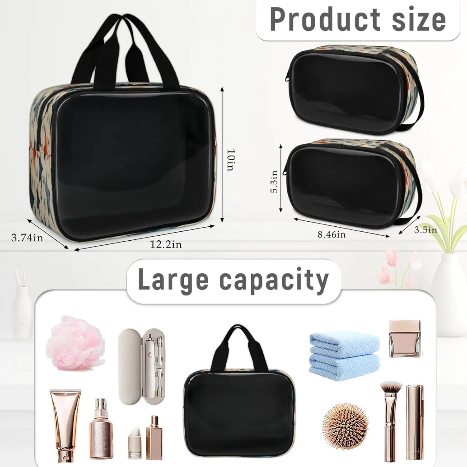 Clear Makeup Bag, 3 Pcs of Translucent Cosmetic Bags Set, Transparent 4th of July Travel Makeup Pouch, Waterproof Cute Toiletry Bag for Women (American Flag Stars)