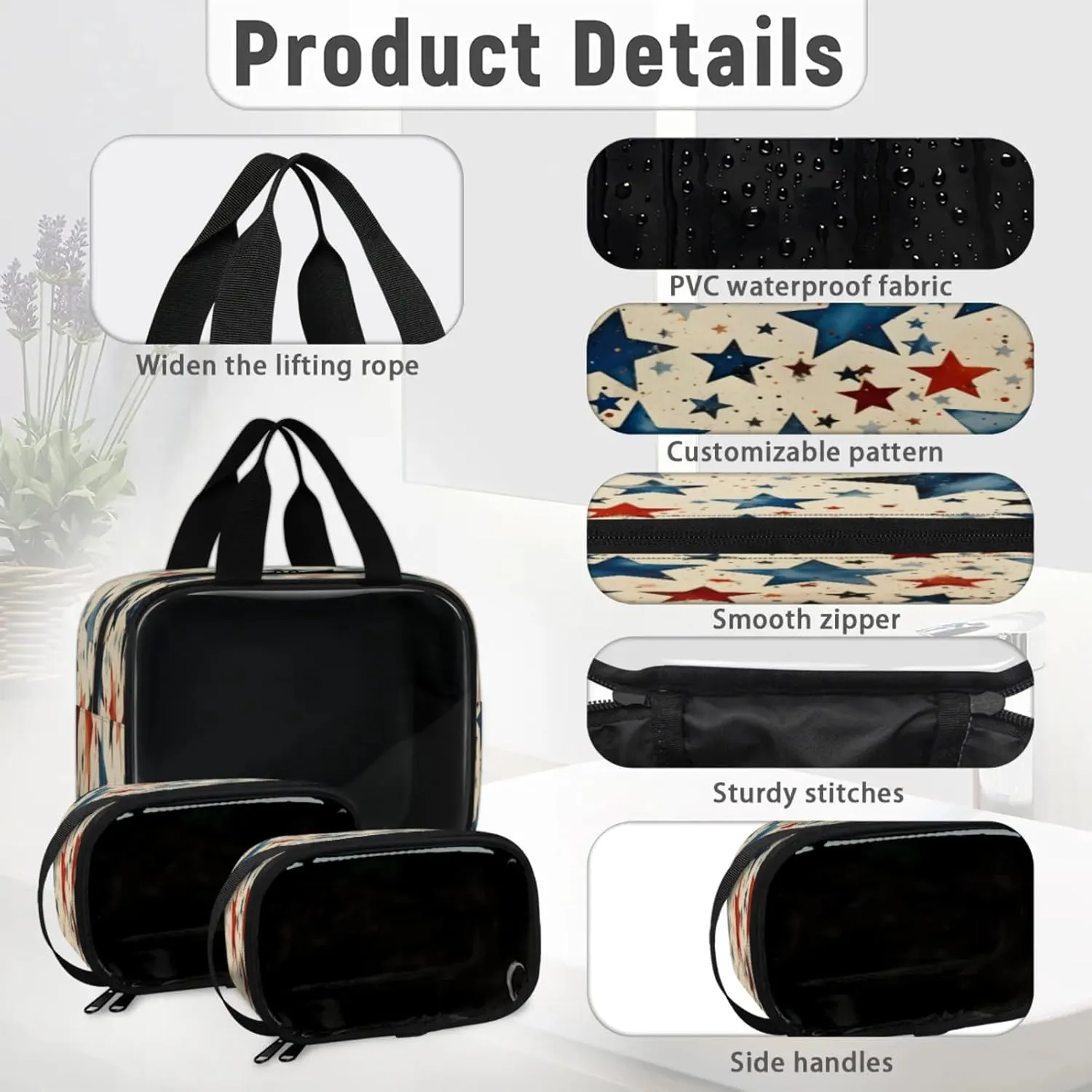 Clear Makeup Bag, 3 Pcs of Translucent Cosmetic Bags Set, Transparent 4th of July Travel Makeup Pouch, Waterproof Cute Toiletry Bag for Women (American Flag Stars)