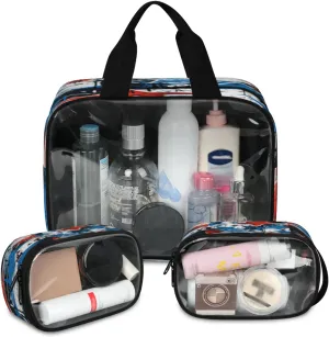 Clear Makeup Bag, 3 Pcs of Translucent Cosmetic Bags Set, Transparent American Flag 4th of July Travel Makeup Pouch, Waterproof Cute Toiletry Bag for Women (Independence Day Blue Red Stars)