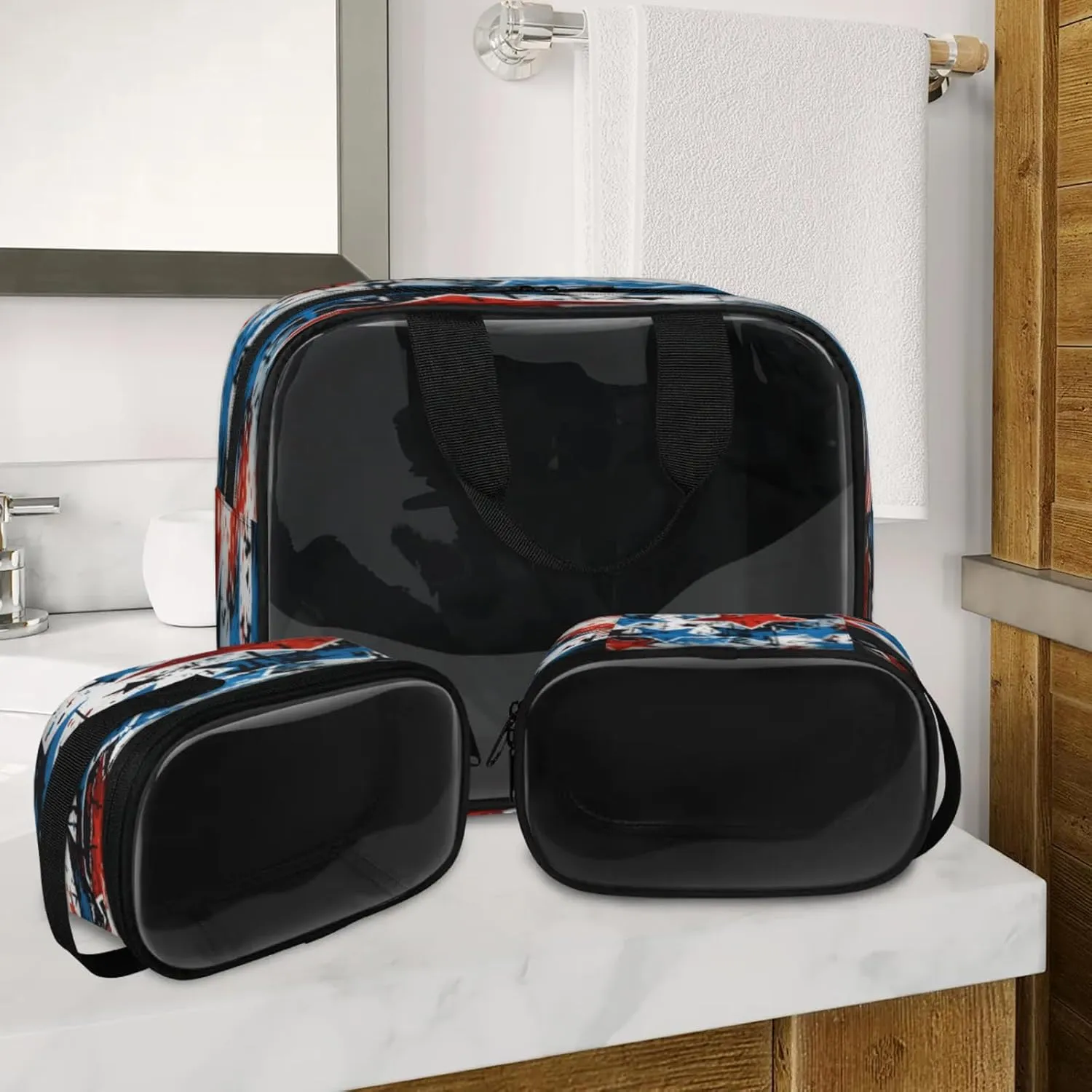 Clear Makeup Bag, 3 Pcs of Translucent Cosmetic Bags Set, Transparent American Flag 4th of July Travel Makeup Pouch, Waterproof Cute Toiletry Bag for Women (Independence Day Blue Red Stars)
